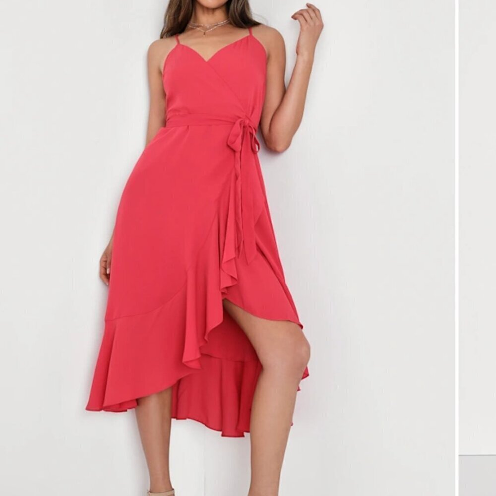 Lulu's 💗 Crinkle Faux Wrap Midi Dress – Size L (Gently Worn, No Tags)